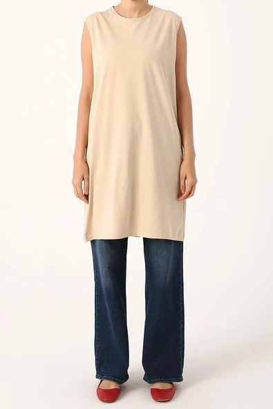 Bej-Yaka Biyeli Kolsuz Likralı T-shirt ürün görseli