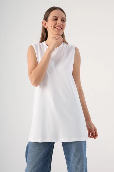 Beyaz-%100 Pamuk Kolsuz T-Shirt