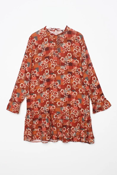 Kiremit-Bej-Yakası Kolları Ve Eteği Fırfırlı Desenli Viskon Tunik - Resim 7