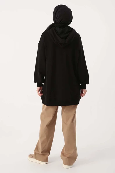Siyah-Oversize Kapüşonlu Kanguru Cepli Sweat - Resim 4