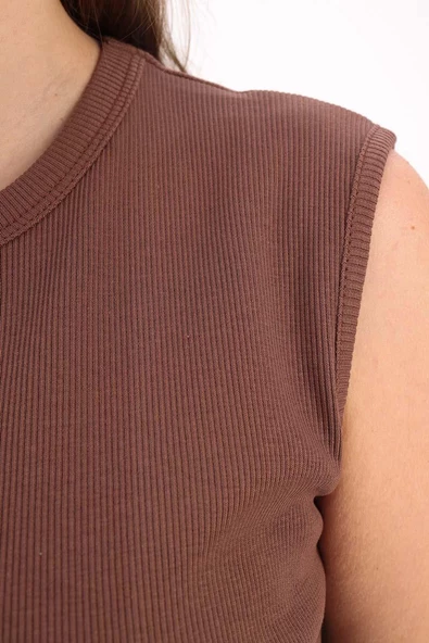 Açık Kahve-Pamuklu Fitilli Kolsuz Likralı T-Shirt - Resim 5
