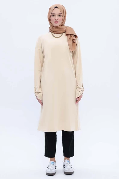 Bej-Pamuklu Arkadan Yırtmaçlı Apoletli Likralı Tunik - Resim 2
