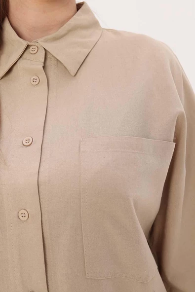 Bej-Düğmeli Cepli Gömlek Tunik - Resim 6