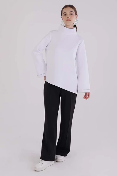 Beyaz-Dik Yaka Kolu Yırtmaçlı Likralı Scuba Bluz - Resim 5