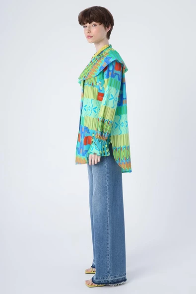 Mavi-Kiremit-%100 Pamuk Büyük Yakalı Desenli Gömlek - Resim 3