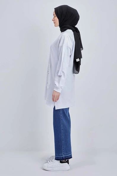 Beyaz-Pamuklu Garnili Taş Detaylı Sweat - 3