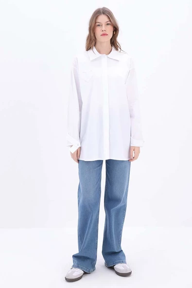 Beyaz-%100 Pamuklu Kalpli Gömlek Tunik - Resim 2