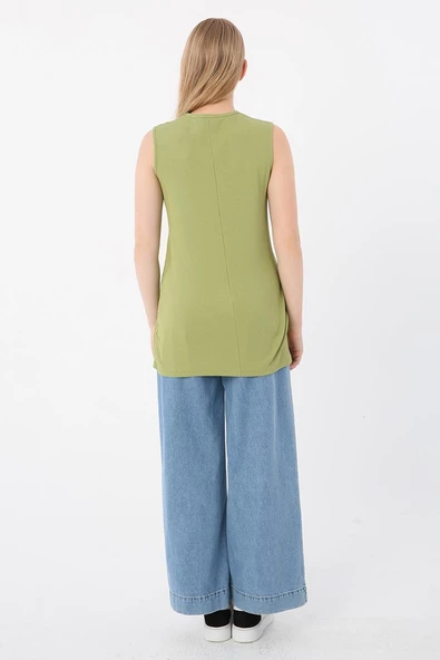Açık Yeşil-Pamuklu Fitilli Kolsuz T-Shirt - 4