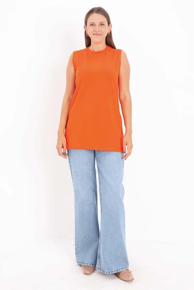 Turuncu-%100 Pamuk Kolsuz T-Shirt Tunik - Resim 2
