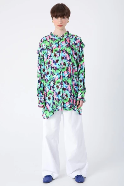 Yeşil-Pembe-Emprime Desenli Fırfırlı Detaylı Gömlek - Resim 2