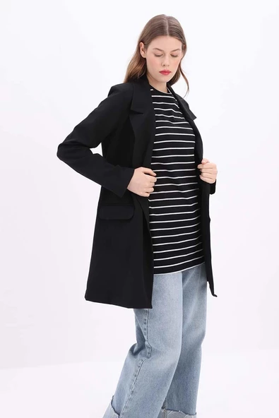 Siyah-Ekru-Çizgili Kolsuz T-shirt - Resim 4