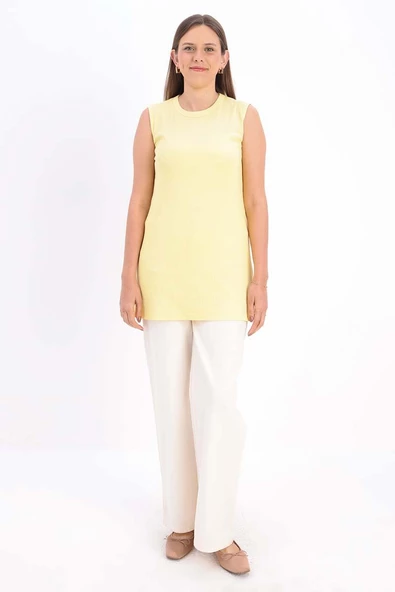 Açık Sarı-Pamuklu Fitilli Kolsuz T-Shirt - Resim 2