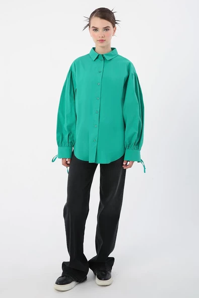 Zümrüt-%100 Pamuk Kolları Bağlama Detaylı Gömlek - Resim 2
