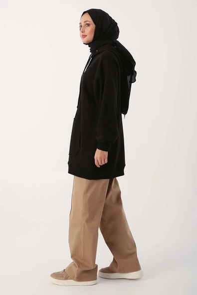 Siyah-Oversize Kapüşonlu Kanguru Cepli Sweat - Resim 3