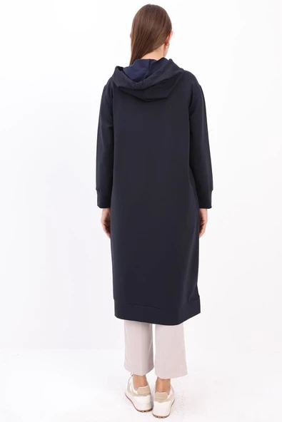 Lacivert-Leopar Bağcıklı Kapüşonlu Rahat Tunik - Resim 4