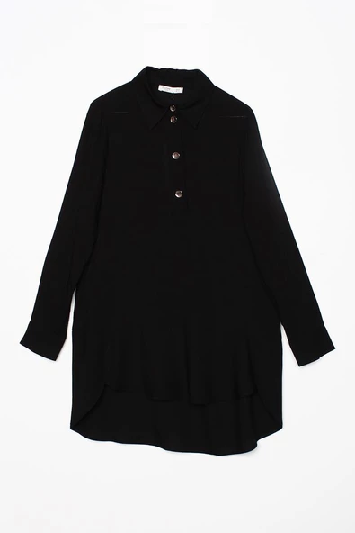 Siyah-Gömlek Yaka Yarım Patlı Yırtmaçlı Arkası Uzun Tunik - Resim 6