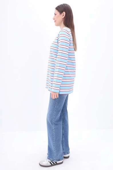 Mavi-Kırmızı-Pamuklu Çizgili Tshirt Tunik - 3