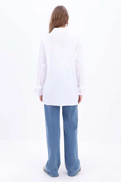 Beyaz-%100 Pamuklu Kalpli Gömlek Tunik - Resim 4