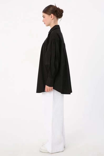 Siyah-Oversize Sivri Yaka Büzgülü Balon Kol Gömlek - Resim 3