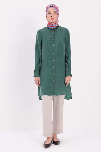 Zümrüt-Dik Yakalı Kolu Pileli Gömlek Tunik - Resim 2