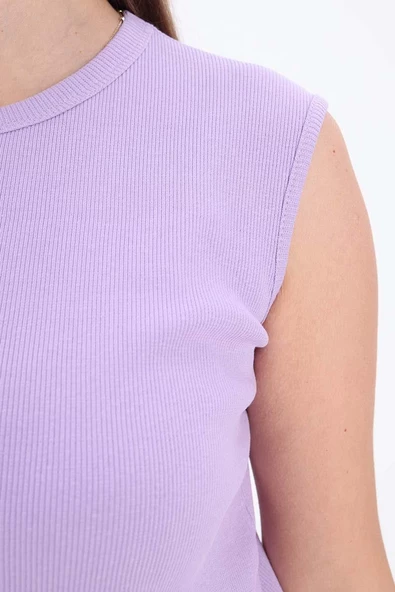 Açık Mor-Pamuklu Fitilli Kolsuz T-Shirt - Resim 5