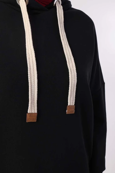 Siyah-Kuşgözlü Kapüşonlu Cepli Sweat Tunik - Resim 5