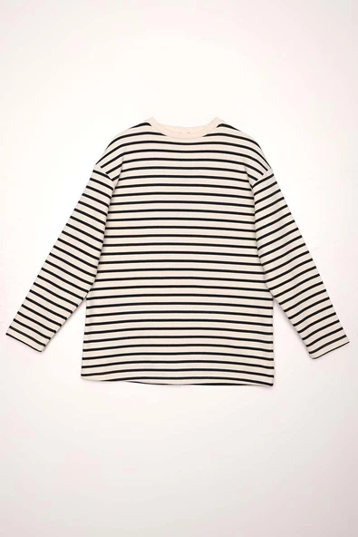 Ekru-Siyah-Çizgili Oversize Sweat - 7