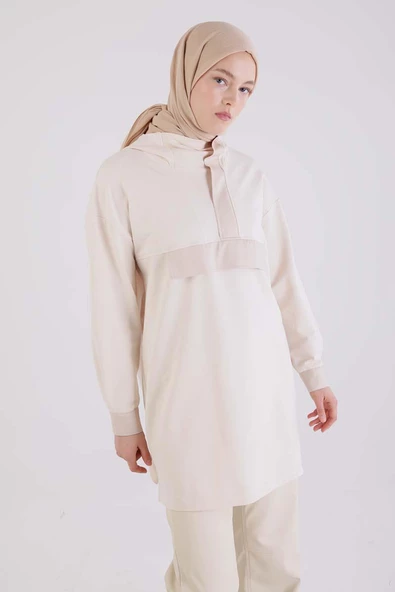 Ekru-Deri Garnili Kapüşonlu Tunik - Resim 5