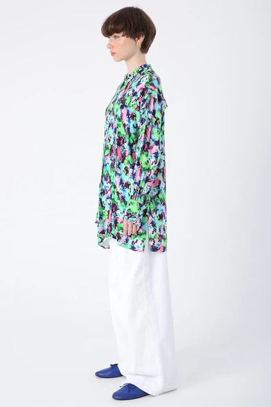 Yeşil-Pembe-Emprime Desenli Fırfırlı Detaylı Gömlek - Resim 3