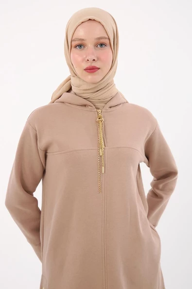 Bej-Kapüşonlu Zincirli Sim Detaylı Şardonlu Sweat - 5