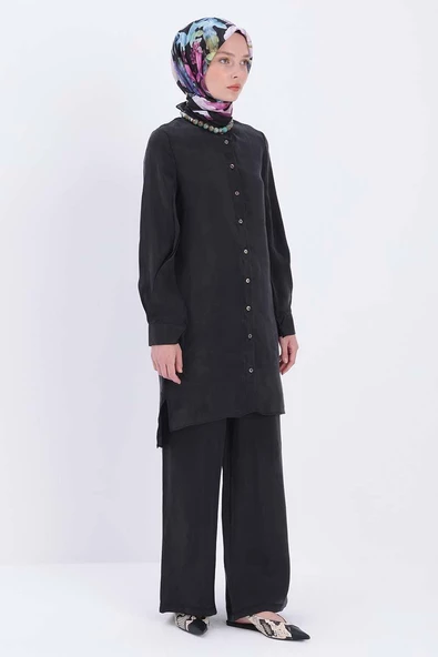 Siyah-Dik Yakalı Kolu Pileli Gömlek Tunik - Resim 4