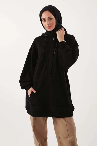 Siyah-Oversize Kapüşonlu Kanguru Cepli Sweat - Resim 5