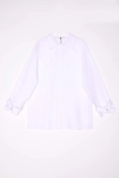 Beyaz-%100 Pamuklu Kalpli Gömlek Tunik - Resim 8