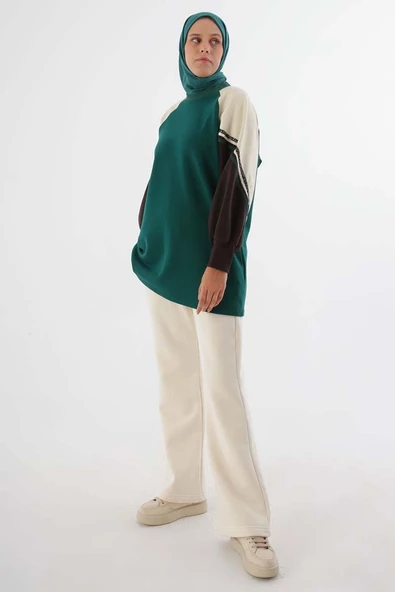 Zümrüt-Şardonlu Deri Garnili Şeritli Sweat ürün görseli