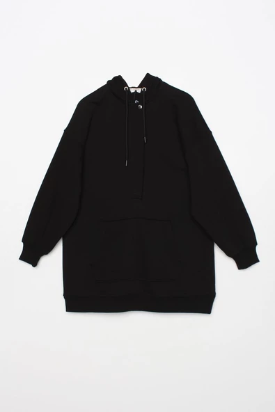 Siyah-Oversize Kapüşonlu Kanguru Cepli Sweat - Resim 7