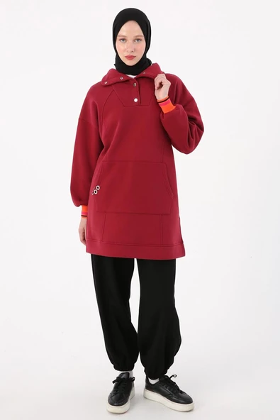 Bordo-Çıtçıt Yakalı Ribana Detaylı Şardonlu Sweat