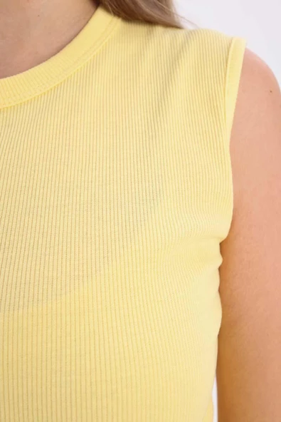 Açık Sarı-Pamuklu Fitilli Kolsuz T-Shirt - Resim 5