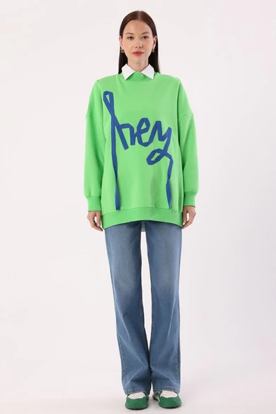 Neon Yeşil-Oversize Şardonlu Şerit Detaylı Sweatshirt - Resim 2