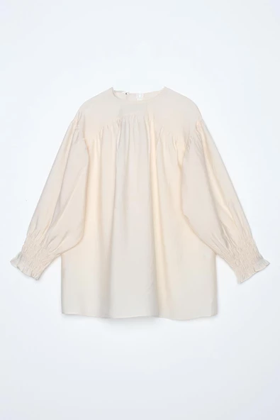 Ekru-Gipe Lastik Kol Detaylı Bisiklet Yaka Tunik - Resim 7