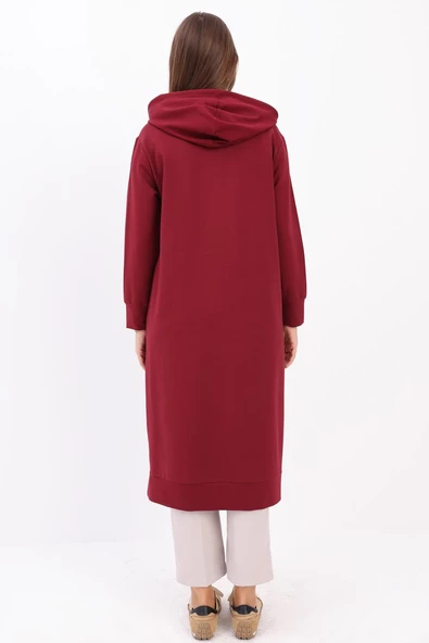 Vişne-Leopar Bağcıklı Kapüşonlu Rahat Tunik - Resim 4