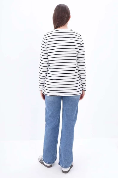 Ekru-Siyah-Pamuklu Çizgili Tshirt Tunik - Resim 3
