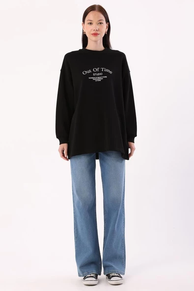 Siyah-Oversize Nakışlı Sweat - Resim 2