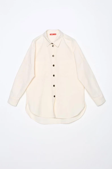 Ekru-%100 Pamuk Oversize Cepli Gömlek Tunik - 7