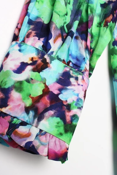 Yeşil-Pembe-Emprime Desenli Fırfırlı Detaylı Gömlek - Resim 5