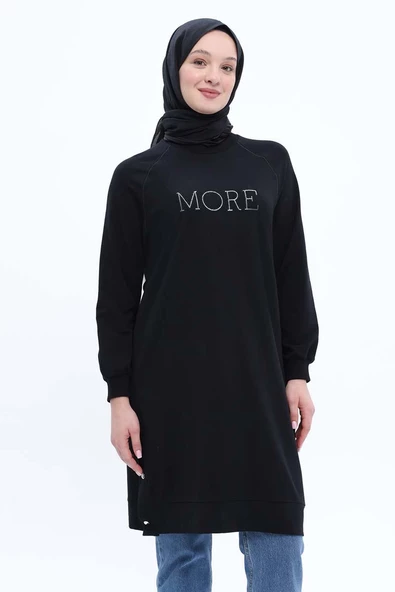 Siyah-Pamuklu Nakışlı Likralı Tunik - Resim 5