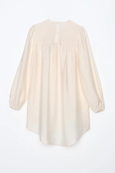 Ekru-Büzgülü Fiyonk Detaylı Arkası Düğmeli Salaş Tunik - Resim 8