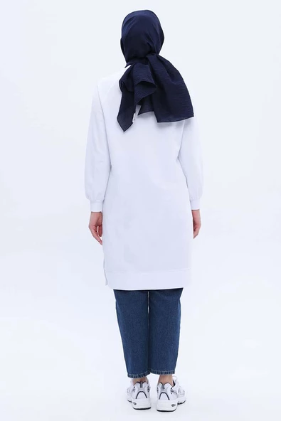 Beyaz-Pamuklu Nakışlı Likralı Tunik - Resim 4