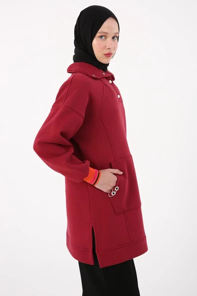 Bordo-Çıtçıt Yakalı Ribana Detaylı Şardonlu Sweat - 5