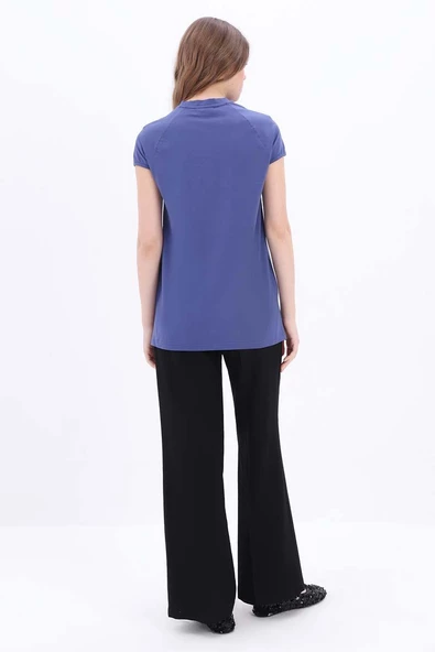 İndigo-Püskül Detaylı Kısa Kollu T-Shirt - 3