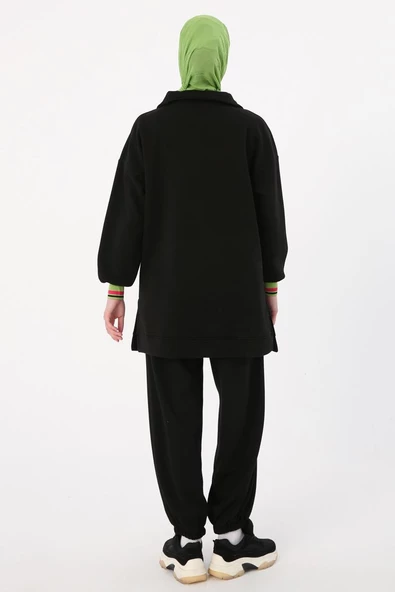 Siyah-Çıtçıt Yakalı Ribana Detaylı Şardonlu Sweat - Resim 4